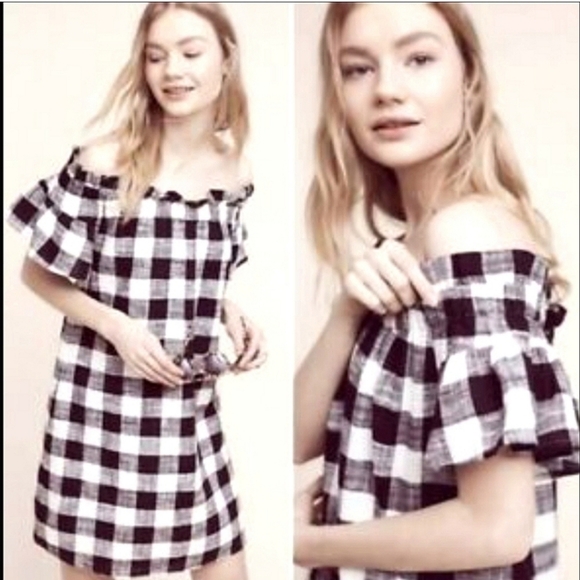 ANTHRO Corey Lynn Calter bloggers fav! off-shoulder gingham summer dress pockets - Picture 6 of 17